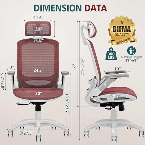 Image of GABRYLLY Ergonomic Office Chair, High Back Home Desk Chair with Headrest, Flip-Up Arms, 90-120 Tilt Lock and Wide Cushion, 300LBS Mesh Chairs for Man Woman, White Task Chair(Red,GY01WR)