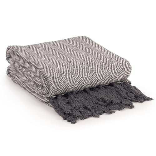 EHC Herringbone King Size 100% Cotton Throws for Sofa Bed Blanket Throw, 220 x 250 cm - Grey