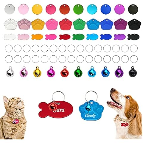 HACRAHO Blank Pet ID Tag, 30 PCS Colorful Blank Dog Tags Blank ID Tags Aluminum Round Fish Cute Paw Pet Tag and 10 PCS Bell Pendants Stamping Blanks Discs with Hole for Dogs Cats Pets Cover