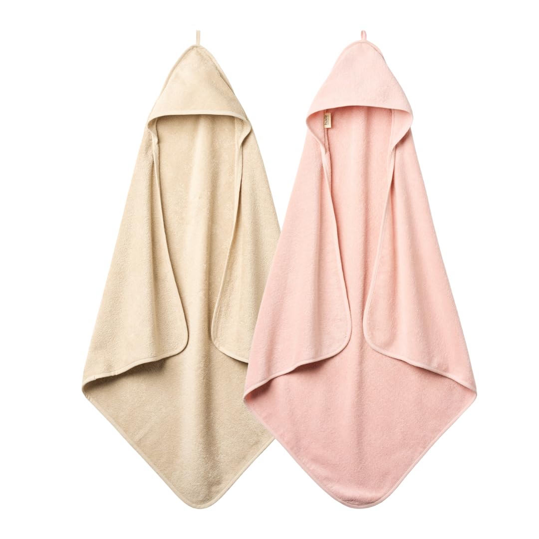 Huxie Baby Hooded Towel – Organic Cotton Baby Bath Towels, 32" x 32" Super-Soft and Absorbent Baby Towels for Newborn 2-Pack (Blush/Fog)