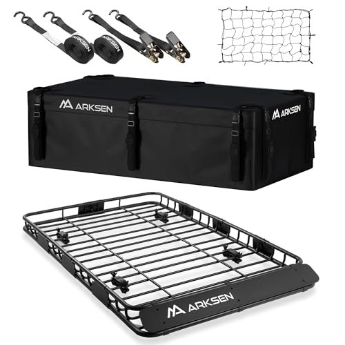 ARKSEN 64 x 39 x 4 Inch Upgrade Universal Roof Rack with Waterproof Bag, Cargo Net, 2 Ratchet Straps - 150Lbs Capacity Heavy Duty Rooftop Cargo Carrie
