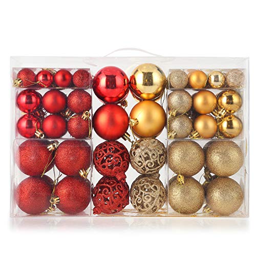 himaly Boule de Noël, 100pcs Boule de Noël Ornements 3CM-6CM Arbre de Noël Suspendus Boule Boules en Plastique pour Le Festival De Noël Noël Fête De Mariage Décors Maison (Rouge Et Or)