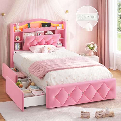 Image of DICTAC Twin Size Bed Frame for Girls with Storage Drawers, Bookcase Headboard, LED Lights and Power Outlets, Diamond Tufted Velvet Upholstered Princess Platform Bed, Heavy-Duty Metal Support, Pink