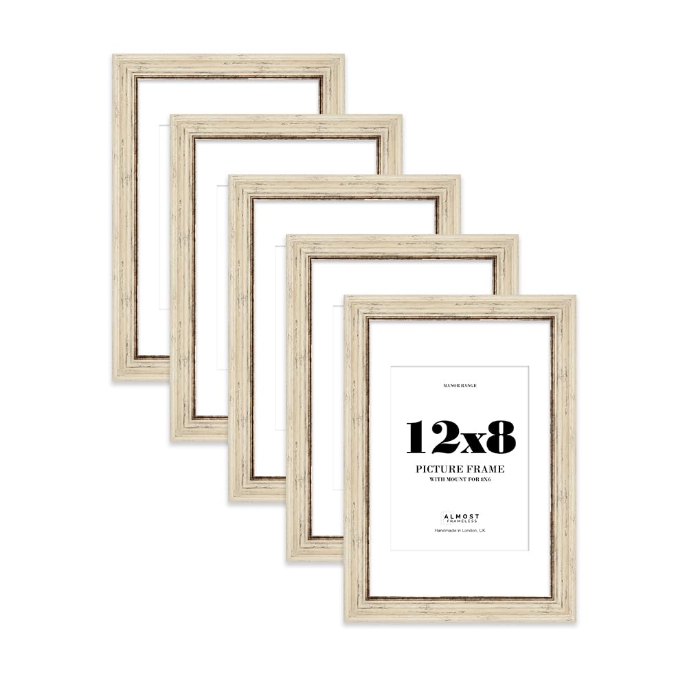 12x8" Distressed Cream Picture Frame - 12x8" Frame with 8x6" Mount for 12x8"/8x6" Pictures Luxurious Style Ideal for Home Gallery Display, 5 Pack
