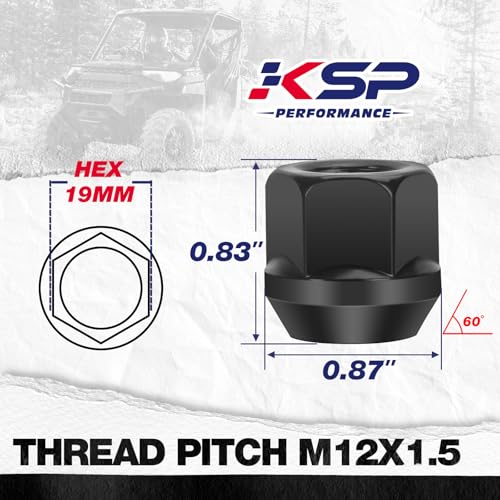 Image of KSP M12x1.5 Open End Wheel Lug Nuts, 16PCS ATV Lug Nut 19mm 3 /4 inch Hex 21mm 0.83 inch Height for Polaris Ranger 1000 XP RZR, Black Open Ended Cone Conical Taper Acorn Bulge Seat Wheel Nut for ATV Vehicles
