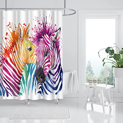 Artsbay Colorful Zebra Shower Curtain Watercolor Animal Image Bath Curtain Funny Zebra Bathroom Decoration Rainbow Zebra Illustration Washroom Decor Waterproof Polyester Fabric with 12 Hooks