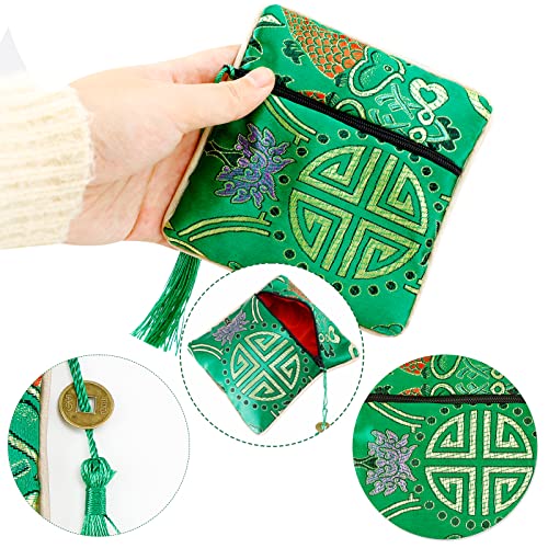 5PCS Jewelry Silk Purse Pouch, Chinese Silk Style Zipper Brocade Embroidered Bag for Women Coin Wallet (Green)2