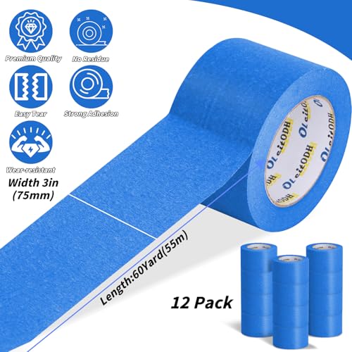 Image of 12 Rolls Blue Painters Tape Bulk 3 inch x 60 Yards, Total 720 Yd, Painters Masking Tape No Residue Wall Painting Tape Artist Tape Trim Edge Finishing Tape for Wall Painting Decoration DIY Supplies