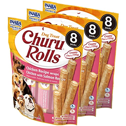 INABA Churu Rolls for Dogs, Grain-Free, Soft/Chewy Baked Chicken Wrapped Churu Filled Dog Treats, 0.42 Ounces Each Stick| 24 Stick Treats Total, Chicken and Salmon (24 Sticks) - image 1
