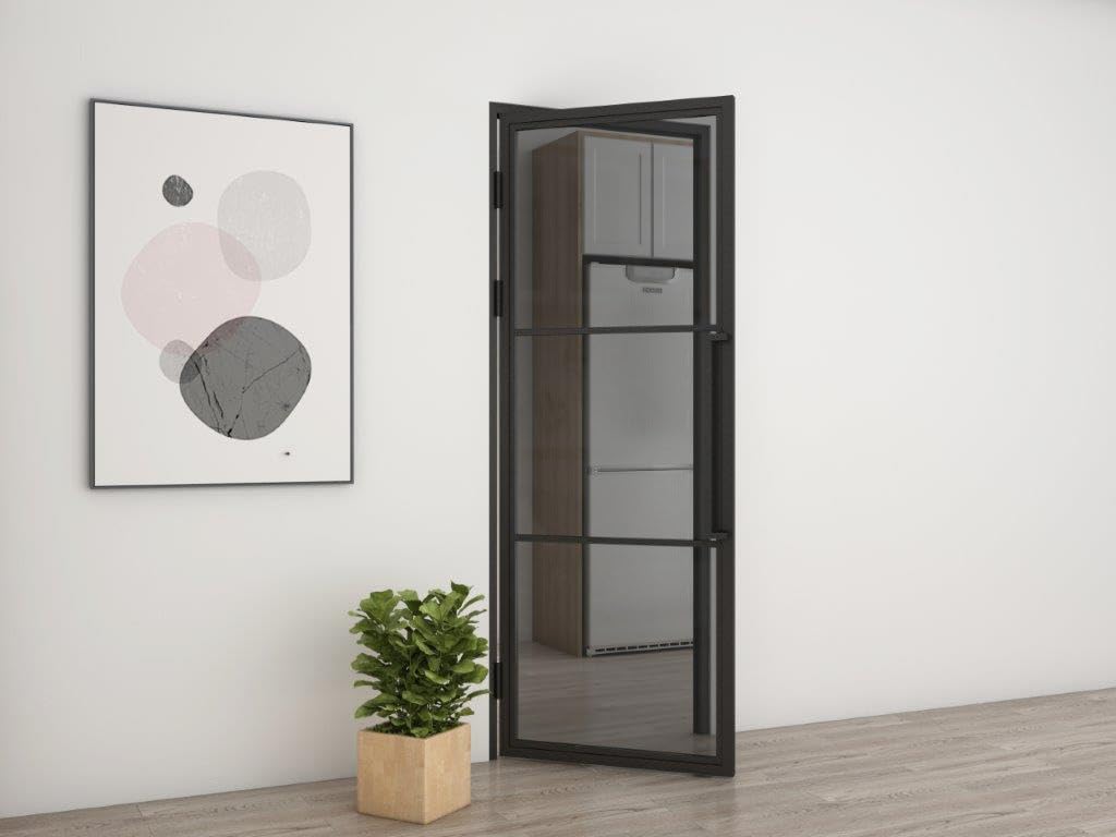 inova Glastür Komplettset 834x1972mm DIN links Griffstange Drehtür Grauglas mit Beschlag und Zarge