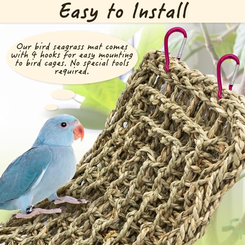 Image of Bird Seagrass Mat 30 x 7 Inch Natural Seagrass Woven Bird Net, Parakeet Climbing Rope Ladder, Hammock Climbing Rope Ladder with Hooks, Chew Toys for Parrots Lovebird Cockatiel Budgie Hamster