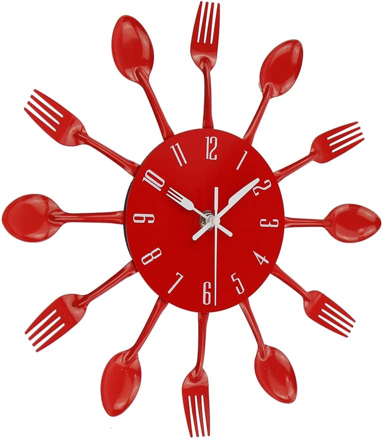 Timelike Kitchen Wall Clock, 3D Removable Modern Creative Cutlery Kitchen Spoon Fork Wall Clock Mirror Wall Decal Wall Sticker Room Home Decoration (Red) image 4