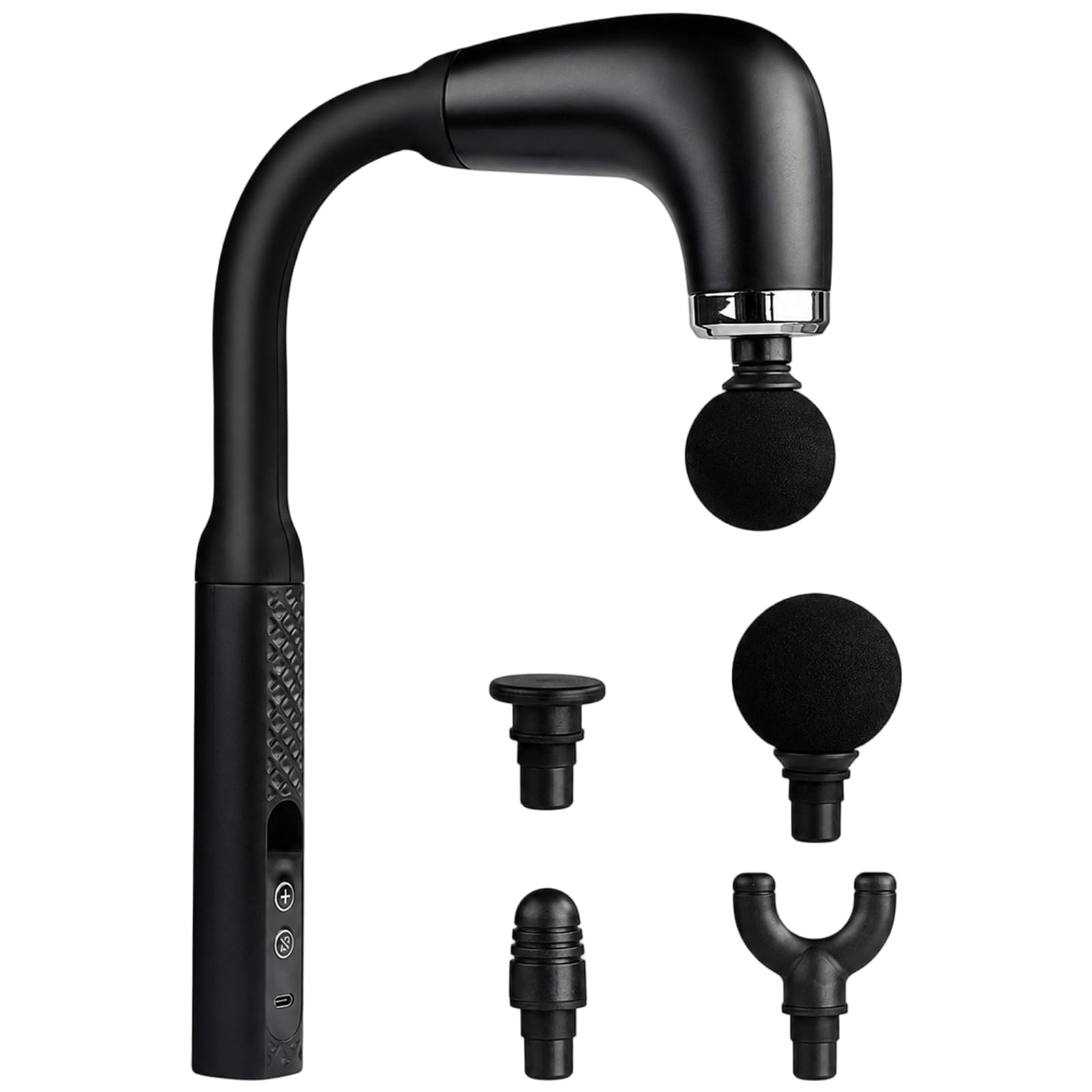 Massagegerät für den Rücken, langes Griffdesign mit ergonomisch gebogener Form, 4 austauschbare Aufsätze, elektrisches Perkussionsgerät für Nacken, Beine und Muskelkomfort am ganzen Körper