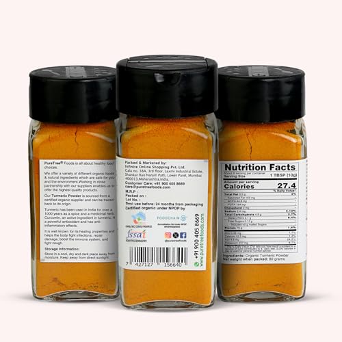 Image of Pure Tree Certified Organic Haldi Powder | 80 g | Glass Jar | Turmeric Powder | Spice Masala Powder Raw for Milk | Strong Antioxidant