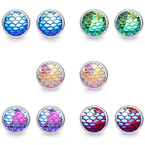 Mermaid Scale Silver Tone Stud Earrings Seafoam Clear AB Blue Best Friend