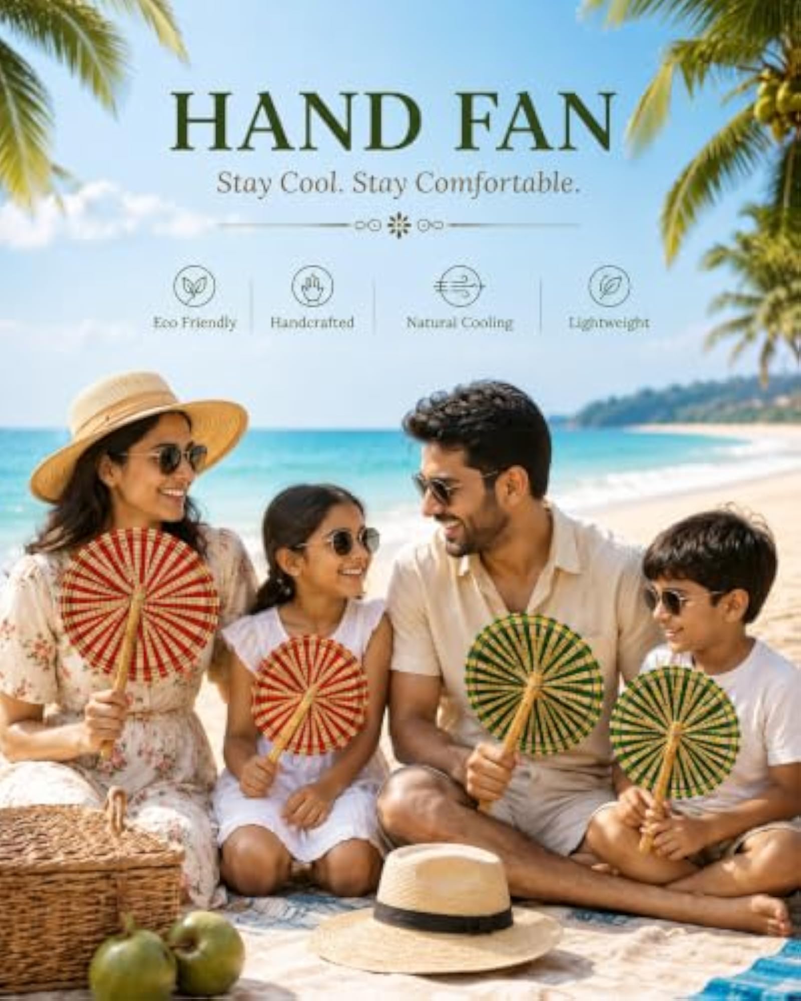 MOKDHA Bamboo Hand Fan Pack of 2, Eco-Friendly
