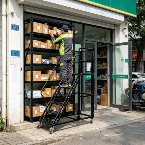 Image of 6-Step Rolling Warehouse Step Ladder, Lockable Wheels, Non-Slip Wide Steps, Dual Handrails, Movable Platform Ladder, Rolling Stairs for Warehouse, Supermarket, Library (Black, 6 Steps)