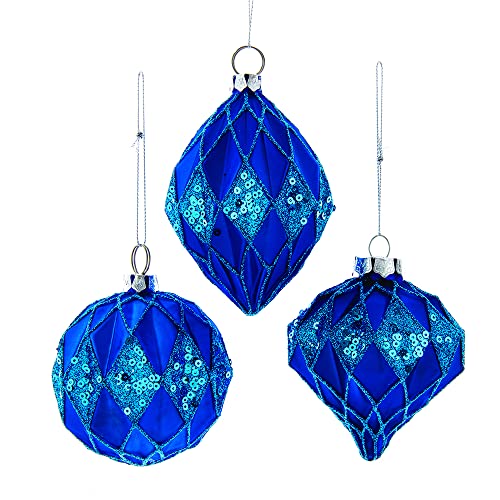 80MM Glittered, Sequin Blue Ball, Finial and Onion, 3 Piece Set