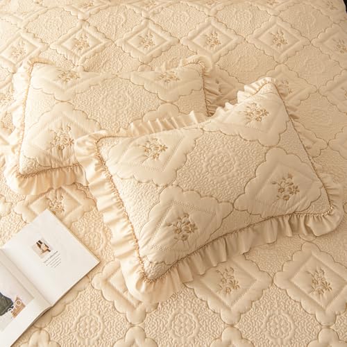 Image of BOV Beige King Size Farmhouse Comforter Set, Vintage Ruffle Quilt Bedding with Pillow Shams, French Country & Cottage Style Bedding for Shabby Chic Bedrooms, 106x96 Inches