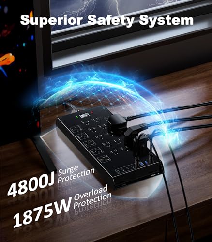 Image of Surge Protector Power Strip 4800J, LeZone 10Ft Long Extension Cord Flat Plug, 20 Outlets 4 USB-A 4 USB-C Ports, Wall Mountable, Home Office Dorm Essentials, Black