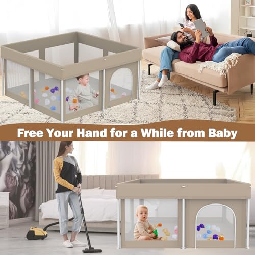 Image of Foldable Baby Playpen 50 inchx50 inch, Playard for Babies and Toddlers, Portable Safety Baby Fence Lightweight,No Installation, Indoor & Outdoor Playpen with Ocean Balls*50, Beige