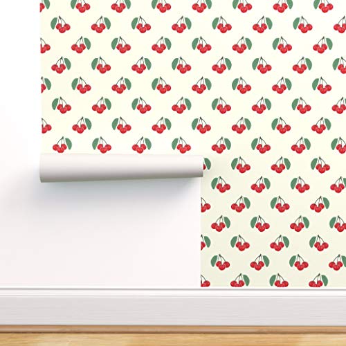 Best Seller Removable Wallpaper 9ft x 2ft - Vintage Cherries Pale Yellow Cherry Retro 1950S Nostalgia Custom Pre-Pasted Wallpaper by Spoonflower
