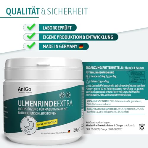 AniGo Ulmenrinde Extra – ohne Aufkochen für Hunde & Katzen – bei Neigung zu Durchfall – unterstützt den natürlichen Schutzfilm im Magen-Darm I Stark schleimend & naturrein I Slippery Elm Bark