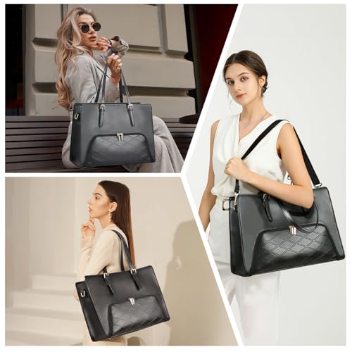 BERTASCHE Laptop Tote Bag with Insulated Lunch Compartment, 15.6 Inch PU Leather Work Bag Computer Briefcase for Women, Waterproof Laptop Shoulder Handbag for Business,Office,Work, Black2