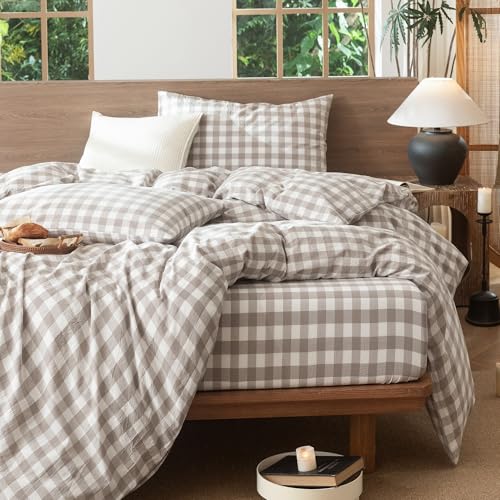 Image of MooMee Gingham Duvet Cover Set 100% Washed Cotton Linen Like Textured Breathable Durable Soft Comfy Modern Checkered Design (Buffalo Plaid Tannish Linen Grey, Palatial King /Oversized King 120 inchx98 inch)