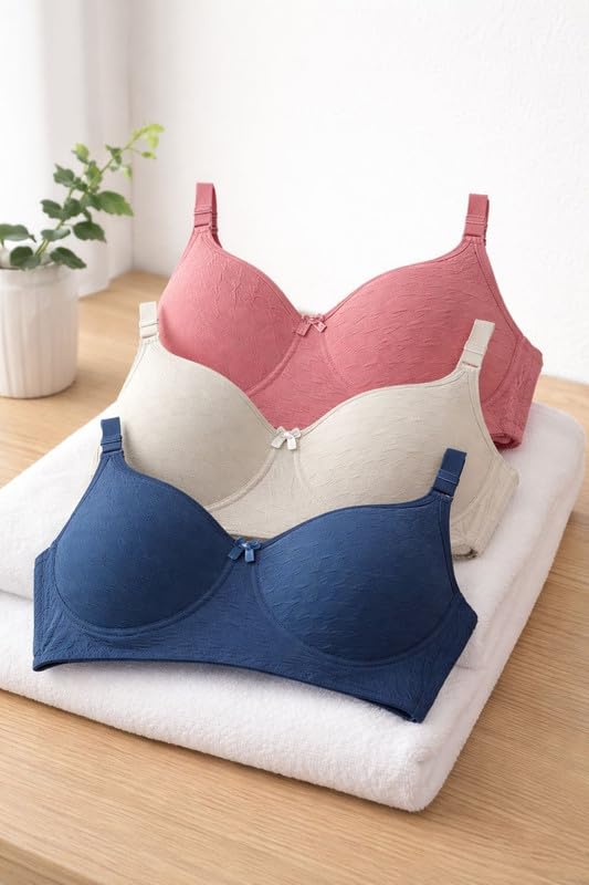 Image of Imsa Moda Women's Cotton Lightly Padded Non-Wired Full Coverage Everyday Bra (Pack of 3) | Comfortable Multicolor Bra