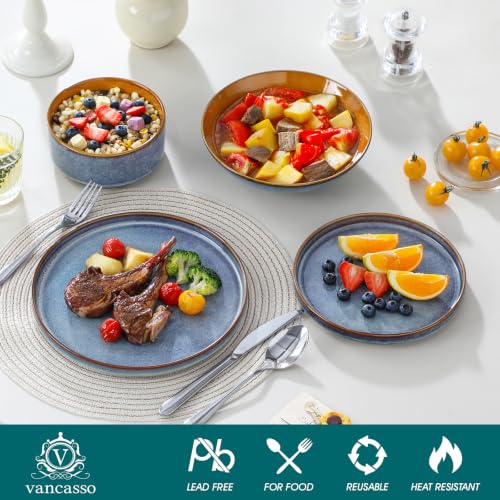 Image of ONION Ceramic Plates and Bowls Sets for 6, 24 Pieces Stoneware Dinnerware Sets for Kitchen, Reactive Glaze Dish Set, Dishwasher and Microwave Safe, Blue