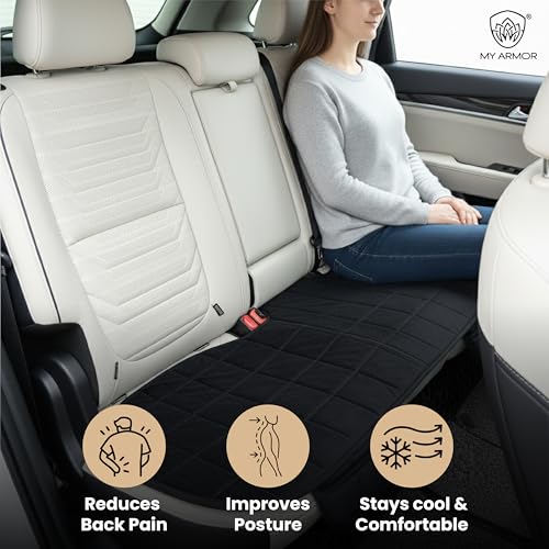 Image of MYARMOR Car Seat Cover | Ultra-Soft Quilted Foam Cushion with Non-Slip Grip & Storage Pouch | Universal Fit Rear Car Seat Protector | Extra Large 50 x 20 Inches | Black Velvet | 1 Pc