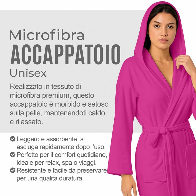 NARCISO - Accappatoio Uomo Donna Microfibra Economico con Tasche Cappuccio e Cintura, Ideale per Casa, Viaggio, Palestra, Tessuto Morbido e Comodo, Taglie dalla S alla XXL