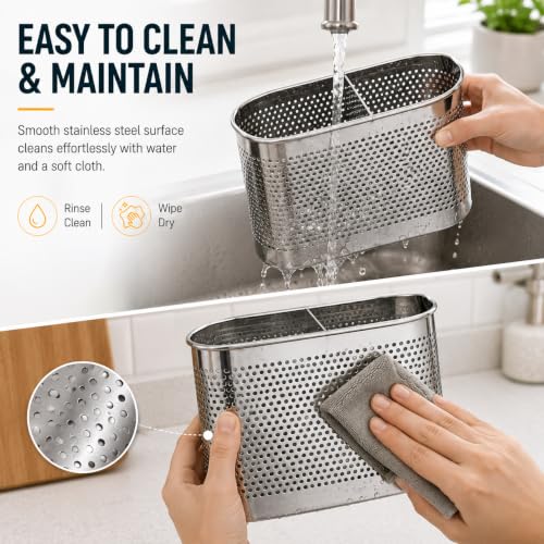 Image of Stainless Steel 2 Compartment Cutlery Holder for Kitchen Countertop | Self-Draining Utensil Organizer, Rust Resistant Perforated Storage Caddy for Spoons Forks, Knives, Chopsticks