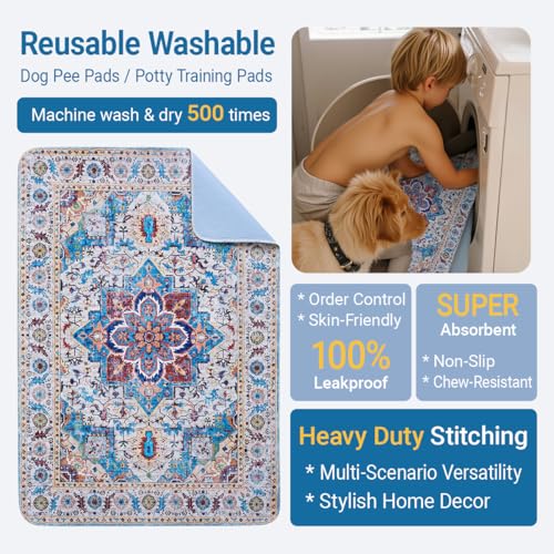 Image of Washable Dog Pee Pads - 2 Pack, 40x26 Inch Large Reusable Absorbent Waterproof Puppy Potty Training Pads, Non-Slip Leakproof Whelping Pet Boho Mat for Crate, Playpen, Kennel & Indoors