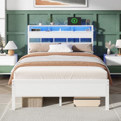 Image of Furnulem Full Size Bed Frame with LED Light and Charging Station, Wood Storage Headboard with 2-Tier Shelves, Metal Platform Bed with Heavy Duty Slats Support, No Box Spring Needed, White