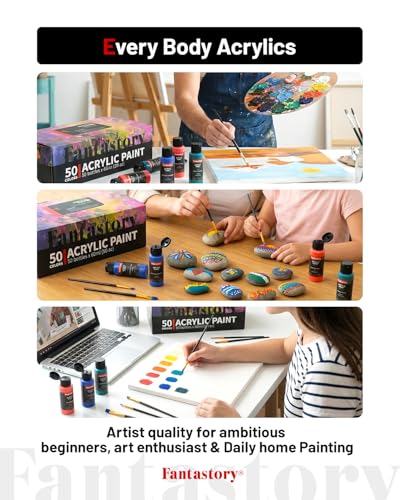 Image of Fantastory Acrylic Paint Set, 50 Colors (2oz /60ml) with 15-Piece Accessory Kit (12 Brushes, Palette, Scraper, Sponge) - Includes 6 Glow-in-the-Dark & 6 Metallic Colors. Non-toxic & waterproof paint for wood, pumpkin, rock, canvas, clay. Perfect for artists, DIY crafts & 3D printing.