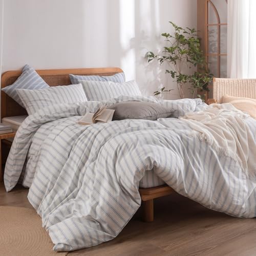 Image of BESTOUCH Striped Cotton Duvet Cover Set Linen Feel King | 100% Washed Cotton, Soft Wrinkle Texture, Hidden Zipper, 8 Ties, Breathable Lightweight Durable Comfy, 3 Pcs No Insert