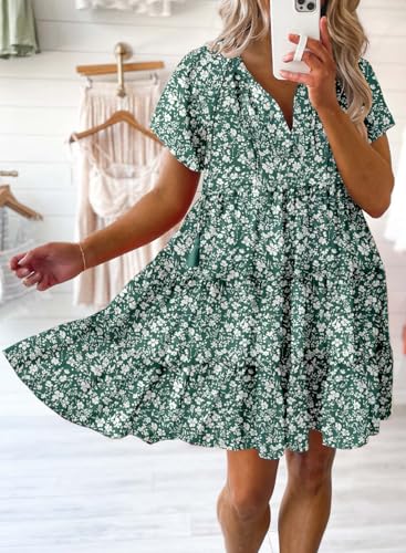Image of Dokotoo Womens Summer Casual Boho Floral Dresses 2026 V Neck Short Sleeve Sundresses Flowy Swing A-Line Mini Dress