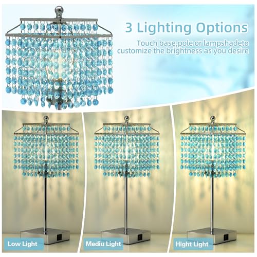 Image of Luvkczc Crystal Table Lamp with Touch Control, Bedside Crystal Table Lamp | with USB C+A Ports, Dimmable Lamp for Girls Bedroom, Living Room, Light Blue & B11 LED Bulb Included