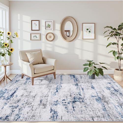 Area Rug Living Room Rugs: 5x7 Large Soft Indoor Carpet Modern Abstract Rug with Non Slip Rubber Backing for Under Dining Table Nursery Home Office Bedroom White Gray Blue - Image 7