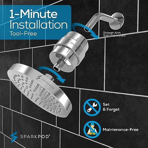 Image of SparkPod Filtered Shower Head, 23-Stage, 6 inch Round, Polished Chrome | Showerhead for Hard Water, High Pressure, Reduces Chlorine, Heavy Metals, For Dry Skin & Hair, Removable Capsule Filter