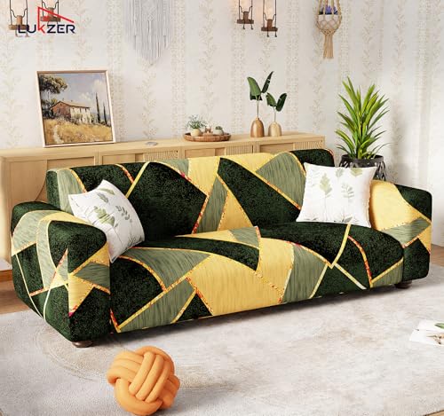 Image of Lukzer 5 Seater Sofa Cover - Dark Green Prism | Sofa Cover 3+1+1 Seater | 360 Fully Covered Anti-Slip Washable Couch Cover Protecter | 140 GSM Stretch Fit Polyester + Spandex Slipcover (SC-035-05)