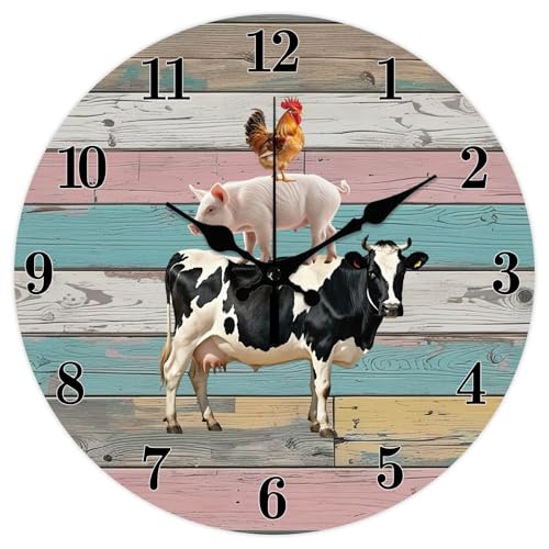 CHGCRAFT Horloge Murale Ronde Décorative Représentant des Animaux de la Ferme (12(5) cm) avec des Vaches et des Cochons pour Chambre à Coucher Salon Cuisine...
