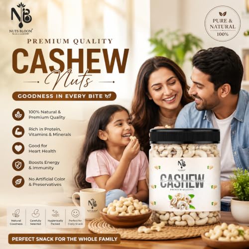 Image of NUTS BLOOM Premium Whole Cashews | Rich in Protein, Magnesium & Phosphorus | Natural Big size Kaju | Ideal for Snacking, Cooking & Gifting (1KG)