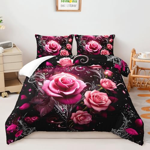 Image of AILONEN Pink Roses Heart Comforter Set Full Size,Romantic Floral Pattern Bedding Set for Teens Girls Women,3-Piece Flower Decor Quilt with 2 Pillowcases