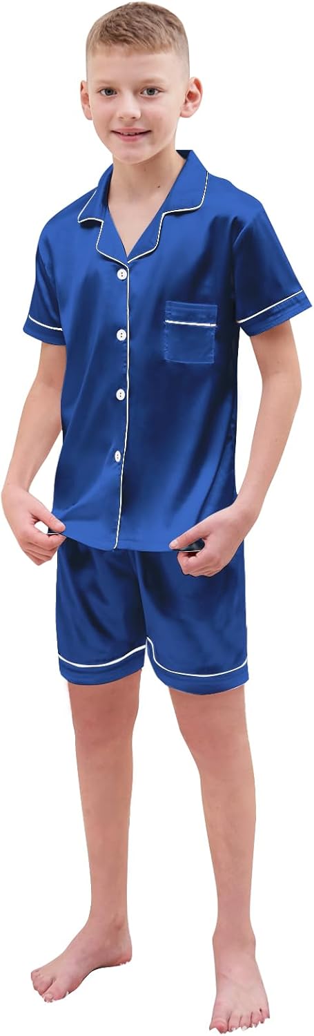 Schbbbta Boys Silk Pajamas Button Down Sleepwear Satin Nightwear 2 Pcs Pj Set - Image 3