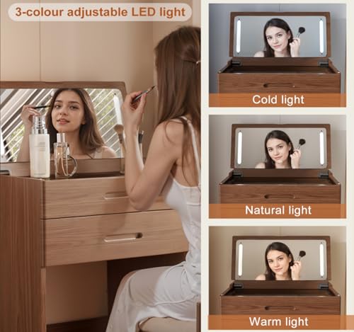 Image of 3 In1 Soild Wood Make up Table with Hidden Mirror and Chair,W20xd20xh32inch Vanity with Lights, Dressing Table with 4 Drawers Storage and Adapter Outlet for Small Space,Vanity Desk for Bedroom