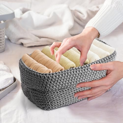 Aufbewahrungskorb Korb Baumwollseil Geflochten 2er-Set, Korb Aufbewahrung Körbchen Wickeltisch Organizer, Stapelbare Speicher Storage Körbchen für Kinderzimmer Wohnzimmer Bad, 21×15,5×13cm(Grau)