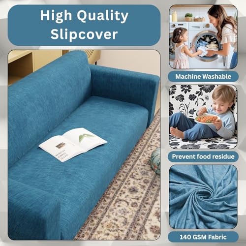 Image of Lukzer 3 Seater Blue Lining Design Universal Sofa Cover | 360 Fully Covered Anti-Slip Washable Couch Cover Protecter | 140 GSM Stretch Fit Polyester + Spandex Slipcover (180-230cm /SC-022-03)